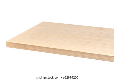 Perspective view of wooden table corner isolated on white background including clipping path

