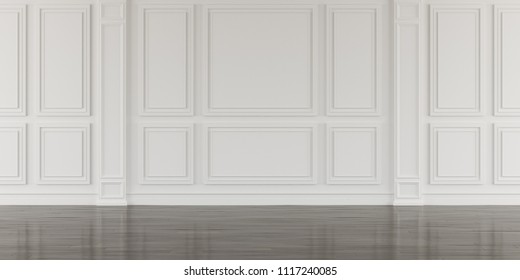 Perspective of white empty room and dark laminate floor,classic interior style.blank space architecture.