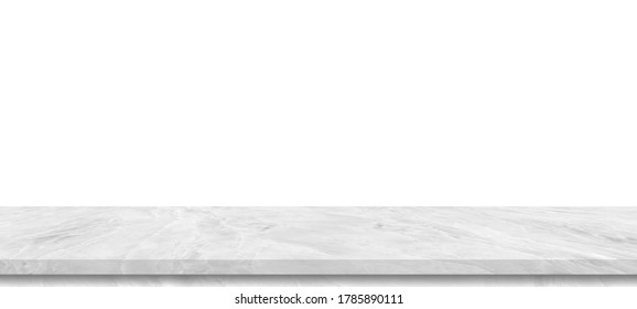 Perspective White Marble  Shelf Table Isolated On White Background For Montage Product Display Or Design Key Visual Layout,with Clipping Path.