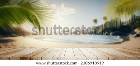 Perspective wide Table top wooden bar with blurred beautiful beach scene background coconut leaves product display mockup outside summer day time. Kitchen clean wood desk board on nature sea view.