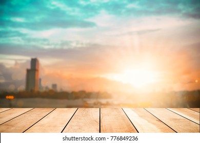 Perspective Wood Table Breakfast Kitchen Bar Window Color Texture With Sun Sky City Background. Abstract Sunrise Coffee Time Photography Light  Sunset Wallpaper Concept Business Product Mockup Scene.