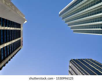 Perth, Australia - 01 28 2013: View From Below Of Modern Tall Buildings In Financial District Of Perth Blue Sky On Background 