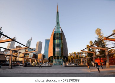 PERTH, AUSTRALIA - 5 FEB 2017: The Perth Bell Tower, home to the Swan Bells. The Swan Bells are a set of 18 bells hanging in the specially built 82.5 metre-high copper & glass campanile.