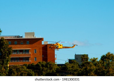 Perth, Australia - April 9, 2021: RAC Rescue Helicopter Landing In City Helipad