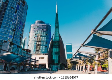 PERTH, AUSTRALIA - December 28th, 2019: the Bell Tower, one of the main landmark of the City of Perth in the CBD shot at dusk with serene clear blue sky