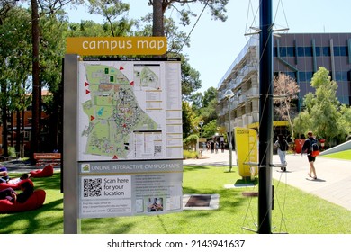 Perth, Australia - March 23, 2022: Students On Campus At Curtin University With The Campus Map