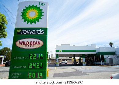 Perth, Australia - March 9, 2022: Record high fuel prices at BP gas station