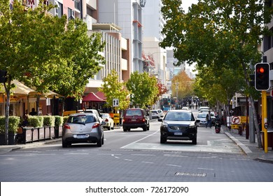 Perth, Australia - May 30, 2017: Traffic Passes Along A City Centre Street.