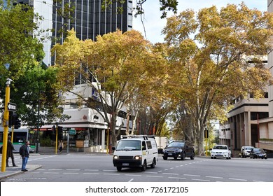 Perth, Australia - May 30, 2017: Traffic Passes Along A City Centre Street.