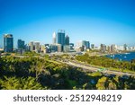 Perth CBD skyline, view over Kings Park and Botanic Garden in western Australia