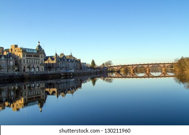 Perth city center reflection on the river Tay in Scotland