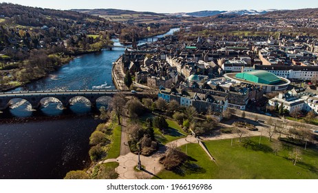 Perth City Centre, Scotland, by drone. Features the River Tay, Horsecross and the North Inch. Scottish cities from above. 