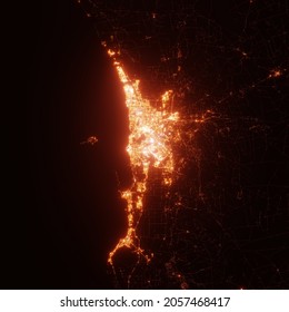 Perth City Lights Map, Top View From Space. Aerial View On Night Street Lights. Global Networking, Cyberspace. High Resolution