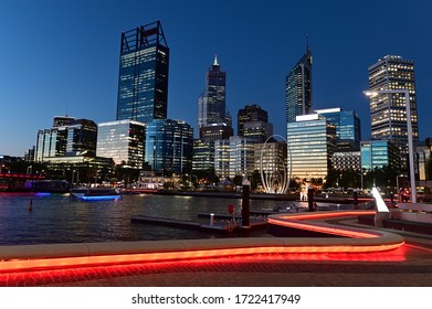 Perth Financial District Skyline As View From Elizabeth Quay At Night.