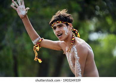 PERTH - JAN 24 2021:Aboriginal Australian Man Dancing A Traditional Dance During Australia Day Celebrations.In 2016 Australian Census, Indigenous Australians Comprised 3.3% Of Australia's Population