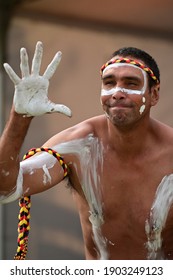 PERTH - JAN 24 2021:Aboriginal Australians Male Dancing Traditional Dance During Australia Day Celebrations.In 2016 Australian Census, Indigenous Australians Comprised 3.3% Of Australia's Population