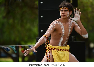 PERTH - JAN 24 2021:Aboriginal Australians Man Dancing Traditional Dance During Australia Day Celebrations.In 2016 Australian Census, Indigenous Australians Comprised 3.3% Of Australia's Population