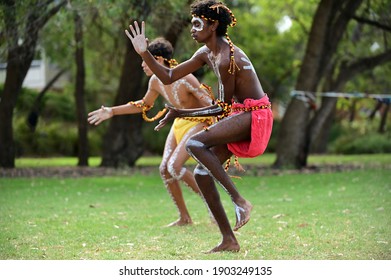 PERTH - JAN 24 2021:Aboriginal Australians Men Dancing Traditional Dance During Australia Day Celebrations.In 2016 Australian Census, Indigenous Australians Comprised 3.3% Of Australia's Population