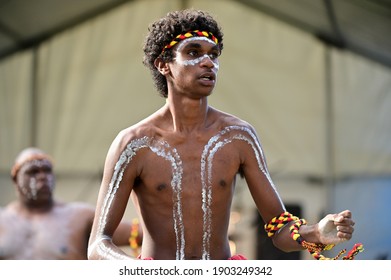 PERTH - JAN 24 2021:Aboriginal Australians Men Dancing Traditional Dance During Australia Day Celebrations.In 2016 Australian Census, Indigenous Australians Comprised 3.3% Of Australia's Population