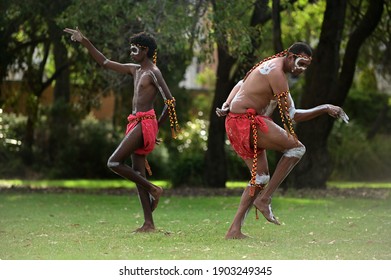 PERTH - JAN 24 2021:Aboriginal Australians Men Dancing Traditional Dance During Australia Day Celebrations.In 2016 Australian Census, Indigenous Australians Comprised 3.3% Of Australia's Population