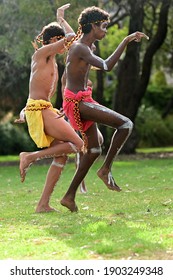 PERTH - JAN 24 2021:Aboriginal Australians Men Dancing Traditional Dance During Australia Day Celebrations.In 2016 Australian Census, Indigenous Australians Comprised 3.3% Of Australia's Population