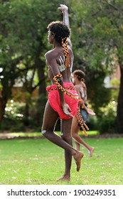 PERTH - JAN 24 2021:Aboriginal Australians Men Dancing Traditional Dance During Australia Day Celebrations.In 2016 Australian Census, Indigenous Australians Comprised 3.3% Of Australia's Population