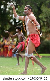 PERTH - JAN 24 2021:Aboriginal Australians Men Dancing Traditional Dance During Australia Day Celebrations.In 2016 Australian Census, Indigenous Australians Comprised 3.3% Of Australia's Population