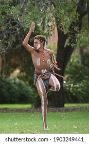 PERTH - JAN 24 2021:Aboriginal Australians Man Dancing Traditional Dance During Australia Day Celebrations.In 2016 Australian Census, Indigenous Australians Comprised 3.3% Of Australia's Population