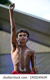 PERTH - JAN 24 2021:Aboriginal Australians Man Dancing Traditional Dance During Australia Day Celebrations.In 2016 Australian Census, Indigenous Australians Comprised 3.3% Of Australia's Population