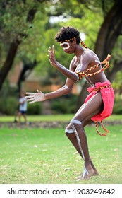 PERTH - JAN 24 2021:Aboriginal Australians Man Dancing Traditional Dance During Australia Day Celebrations.In 2016 Australian Census, Indigenous Australians Comprised 3.3% Of Australia's Population