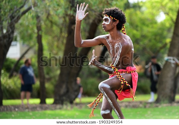 Perth Jan 24 2021 Aboriginal Australians Man Dancing Traditional Dance During Australia Day