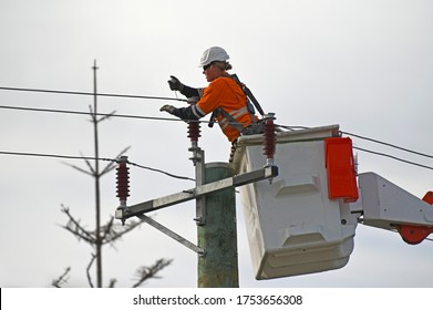 PERTH - JUNE 09 2020:Australian Female Electricity Worker Fixing Power Line. Women Comprise 47.0% Of All Employed Persons In Australia