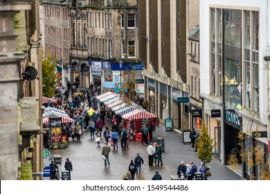 Perth, Perthshire / Scotland.- 11.02.2019: The Farmer's Market in Perth, Scotland, taken from High Street looking down on the stalls and sellers.