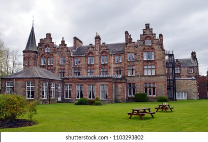 PERTH, SCOTLAND - 6 MAY 2018: The Station Hotel, built in an unusual Flemish-Gothic style by Andrew Heiton Jnr in 1885, was constructed for the Highland, North British and Caledonian Railways.
