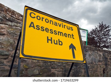 Perth, Scotland UK May 01 2020: Coronavirus Assessment Testing Centre Road Street Signs During Covid 19 Global Pandemic.