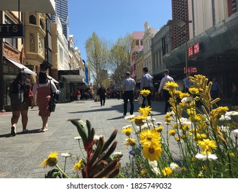 PERTH - SEP 25 2020:Pedestrians Traffic In Perth Financial District. About Two Million People Lives In Perth The Capital City Of Western Australia.