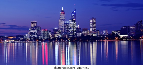 Perth Skyline From Swan River By Night