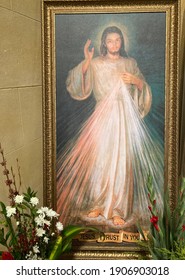Perth, Western Australia, Australia - January 31, 2021 : Saint Mary's Cathedral.Image of Divine Mercy of Jesus Christ in a golden frame with a message " Jesus I Trust in You".