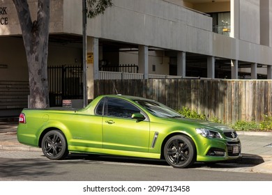 PERTH, WESTERN AUSTRALIA - JULY 13, 2018: Bright green Holden Ute SV6 Storm which is extremely popular pickup car in Australia