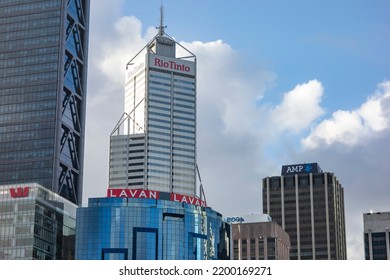 PERTH, WESTERN AUSTRALIA - JULY 16, 2018: Skyscrapers Of Lavan Law Company, Rio Tinto, And AMP In Perth, Western Australia