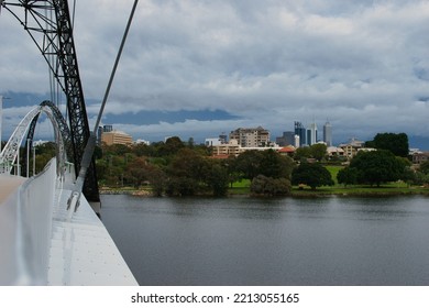 PERTH, WESTERN AUSTRALIA - June 22th, 2022: The Matagarup Bridge Over The Swan River In Perth City CBD. On A Cloudy Day During The COVID 19 Pandemic.