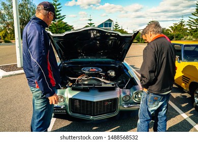 Perth/Australia - 8/25/19: A Silver Car From The 70's On Display With An Exposed Bonnet