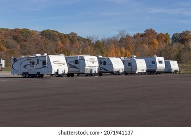 Peru - Circa November 2021: Various FIfth Wheel Recreational RV Vehicles On Display At A Dealership.