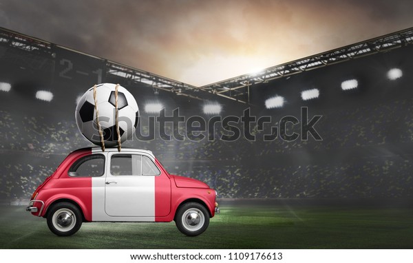 Peru flag on car delivering soccer or football
ball at stadium