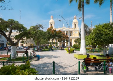 Peru July 8 2018 Main Park In Chiclayo Town. This Green Area Is A Meeting Point For Inhabitants And Tourist.