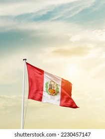Peru national flag waving in beautiful sky. - Shutterstock ID 2230457147