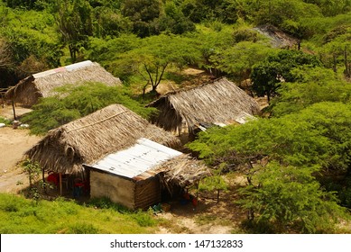 Peru, Peruvian Amazonas Landscape. The Photo Present Typical Indian Tribes Settlement In Amazon