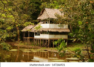 Peru, Peruvian Amazonas landscape. The photo present typical indian tribes settlement in the Amazon