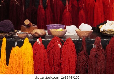 Peruvian Alpaca Thread Dyeing Technology. Traditional Textile Production and Equipment for Dyeing Yarn. 