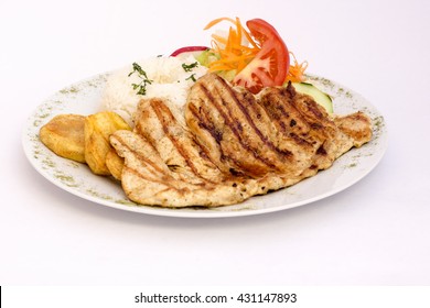 Peruvian Dish: Chicken Grilled With Rice And Salad.  